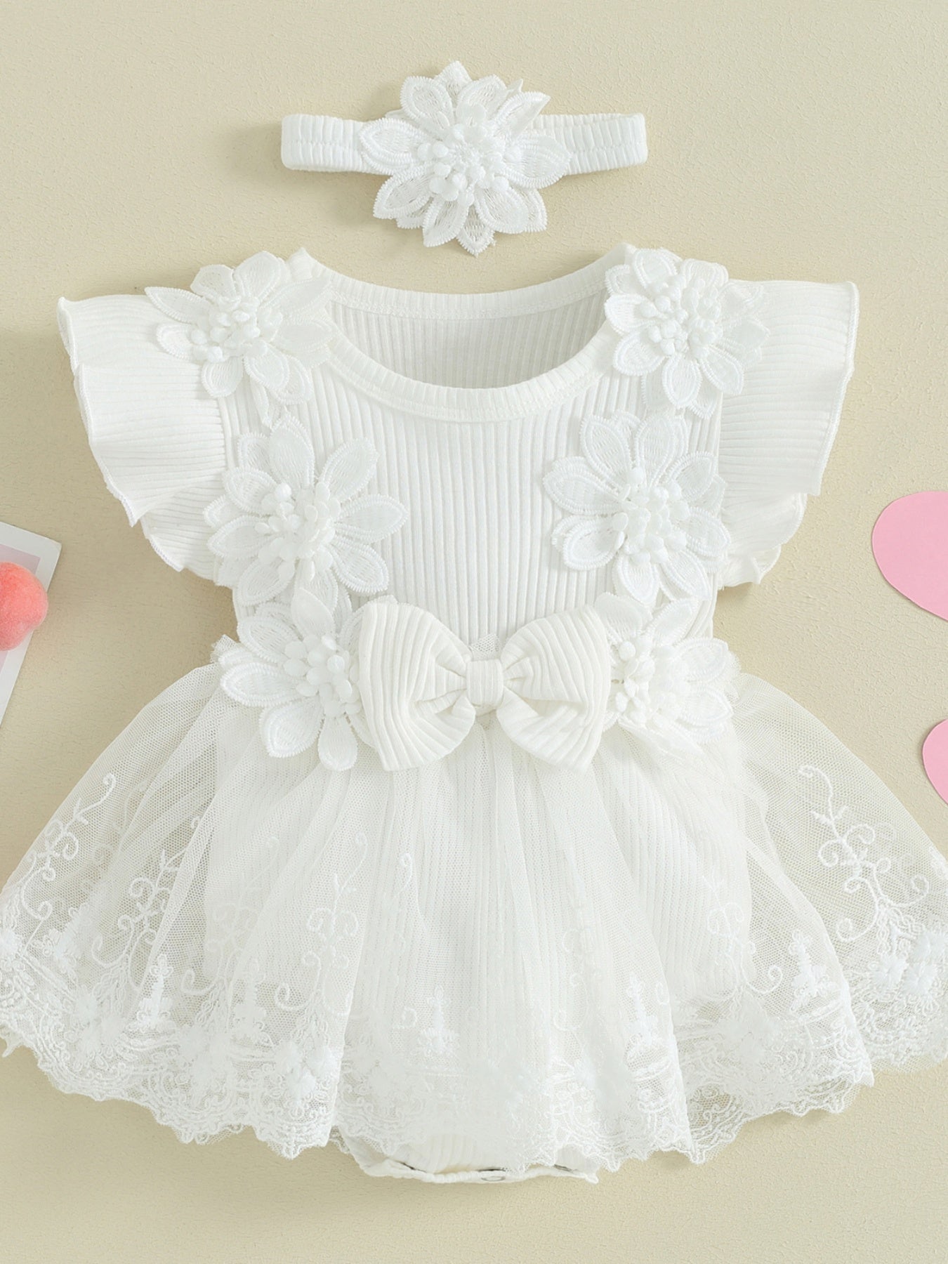 Girl 2pcs Outfits Mesh Lace Patchwork Ruffle Romper Dress and Headband Cute Fashion Summer Clothes, Perfect for Outdoor