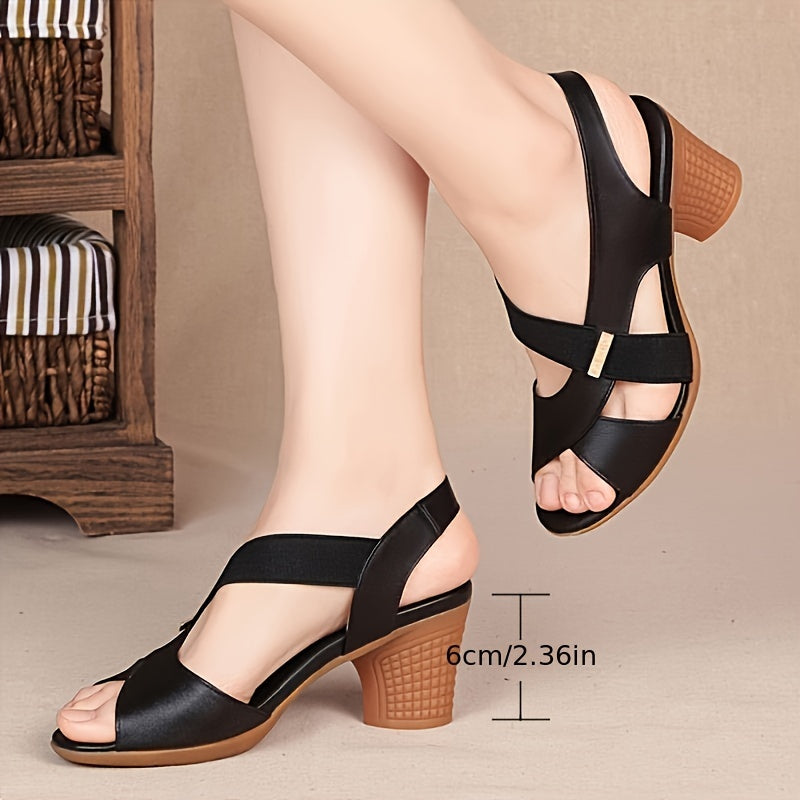 2024 Summer Comfortable Women's Sandals, Mid-Heel Fish Mouth Slip-On Chunky Heel High Heels, Solid Color Simple Style for Middle-Aged and Elderly Mothers, Women Shoes