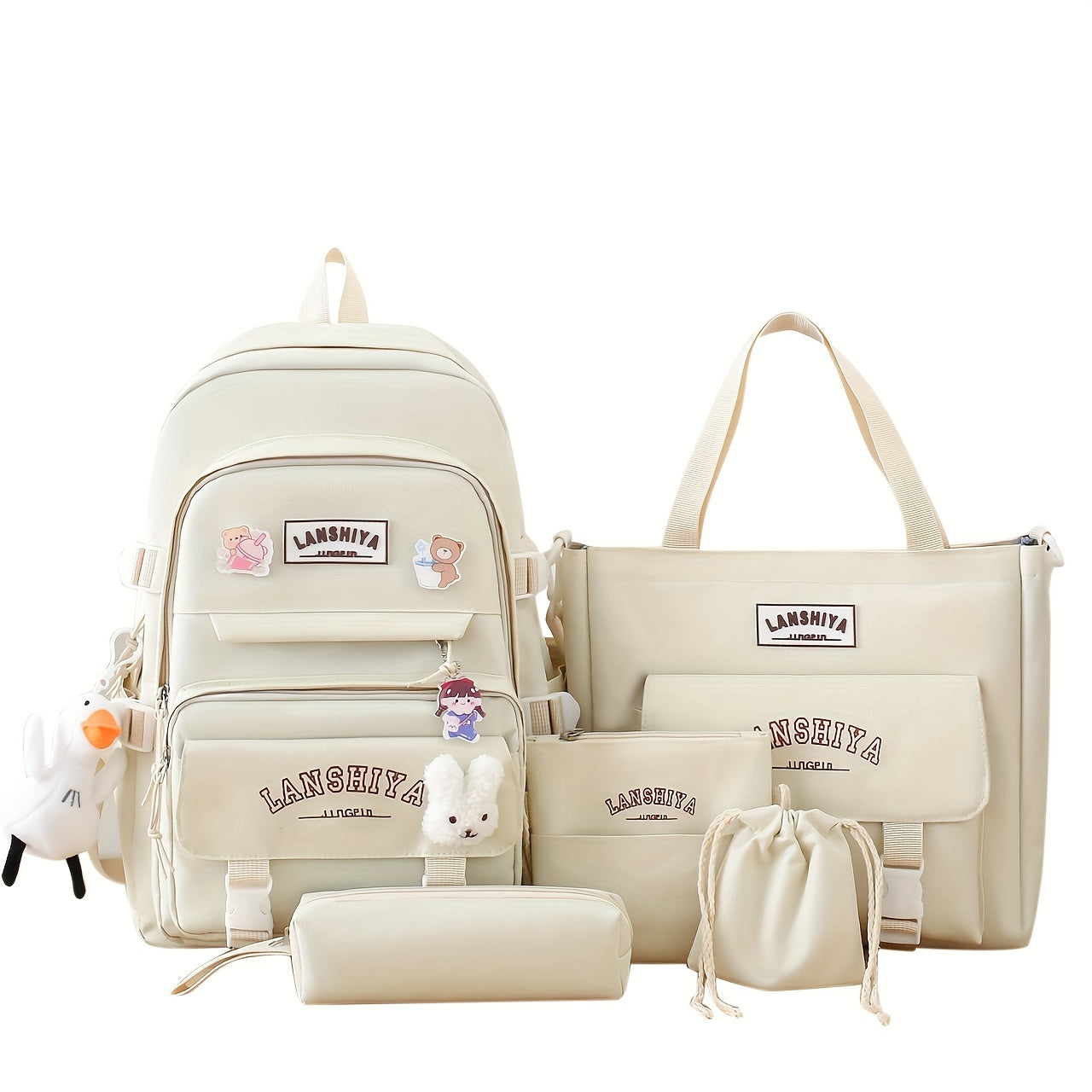 5 Solid Color Backpack Sets, Large Capacity Backpack, Easy Handbag Coin Purse, Casual Crossbody Bag, Pencil Case Handbag, Lightweight Student Schoolbag Set, Free Little Duck Pendant, Free 3 Badges And Little Rabbit Pendant