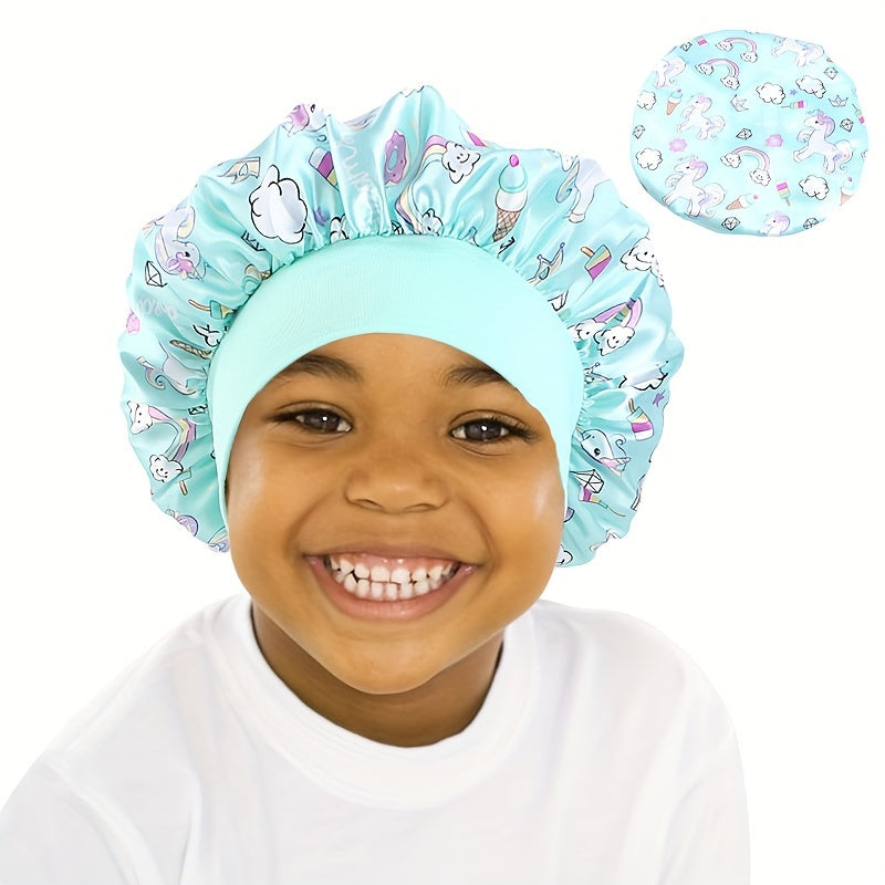 Unicorn Cartoon Printed Youngsters's Satin Cap, Hair Care Cap