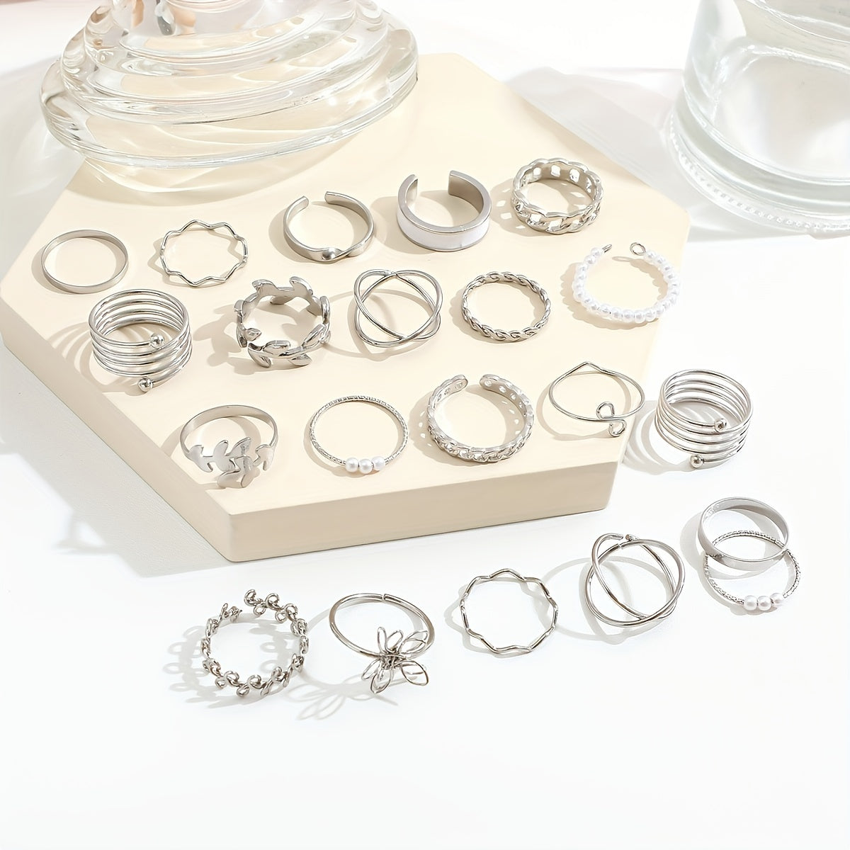 21pcs Olive Branch & Minimalist Flower Rings - Uncoated Olive Branch & Small Round//Square Bands for, Daily Wear & Resort, Year-Round Versatile (21-Ring Set)