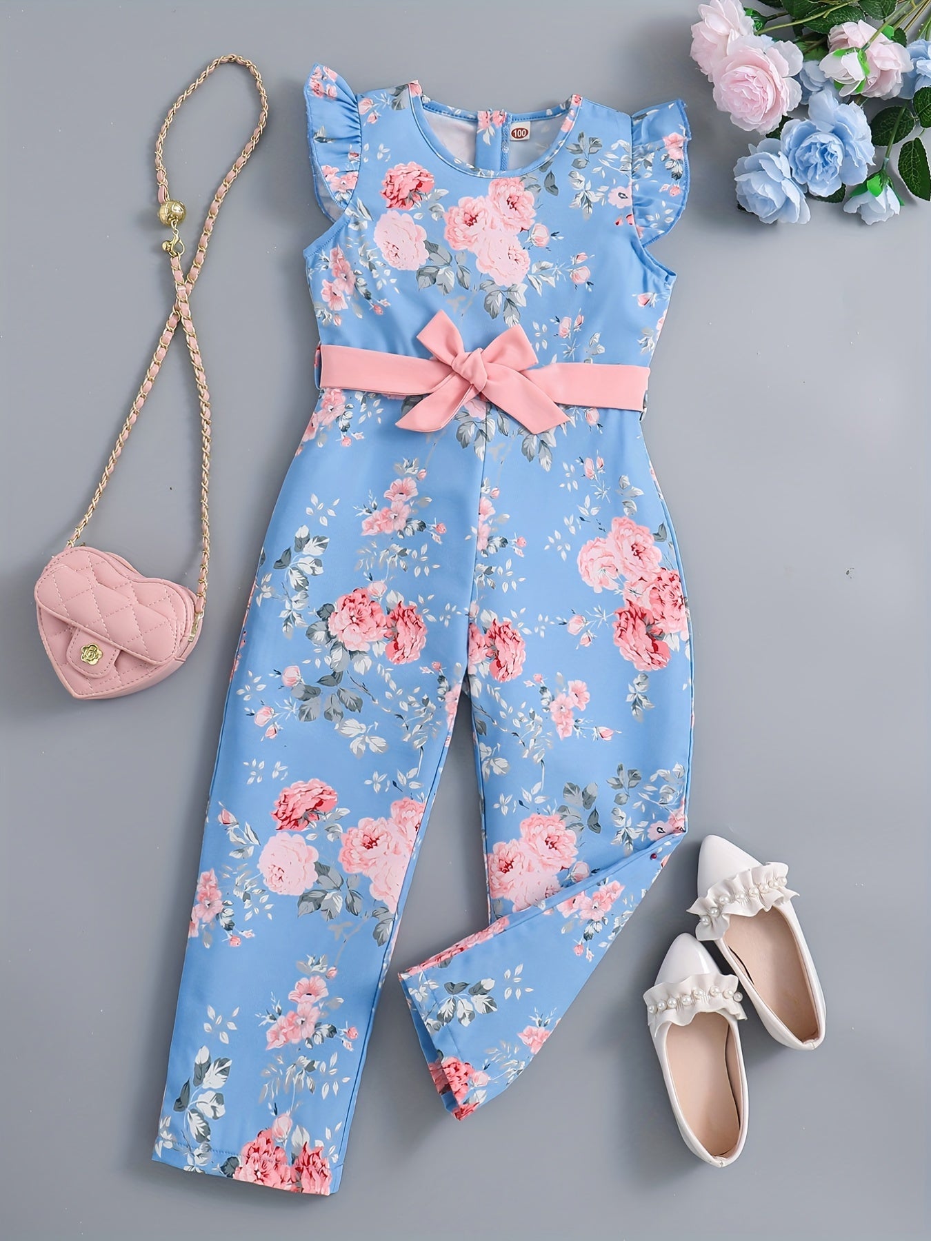 Girls' Casual Jumpsuit, Sleeveless Round Neck with Floral Print, Back Zipper Design with Belt, Perfect for Outdoor Activities, Summer Fashion