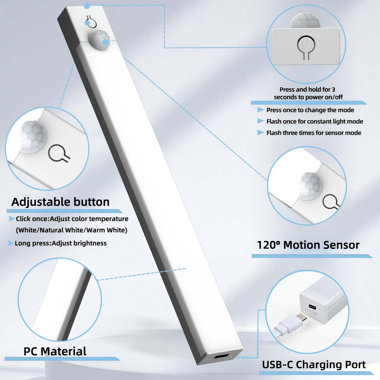 11.81/19.68In Under-Unit Light, USB Rechargeable Dimmable Cabinet Light - Motion Activated, LED Sensor Light, Night Light Suitable for Kitchen, Bathroom, Bedroom, Stage Lighting, And Music Stand Lighting