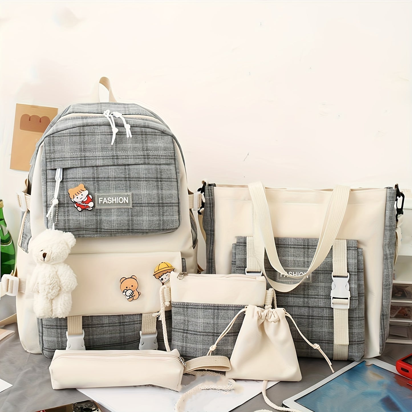 Women's Backpacks New Fashion Minimalist Plaid Color-Block Large Capacity High School Campus Backpack 5pcs Set Portable Single Compartment Crossbody Handbag Study Supply Bag