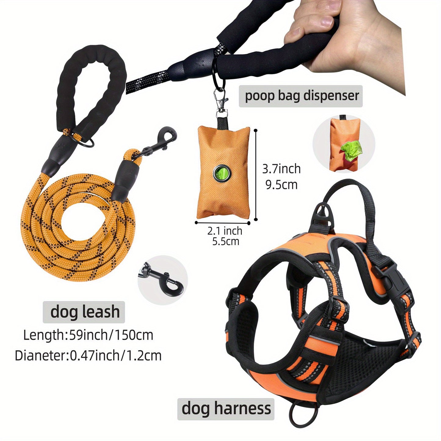 3pcs Escape-Proof Dog Harness & Leash & Poop Bag Dispenser Set,Adjustable, Soft, Comfortable, Breathable Dog Vest,Night reflex, suitable for medium and large dogs walking