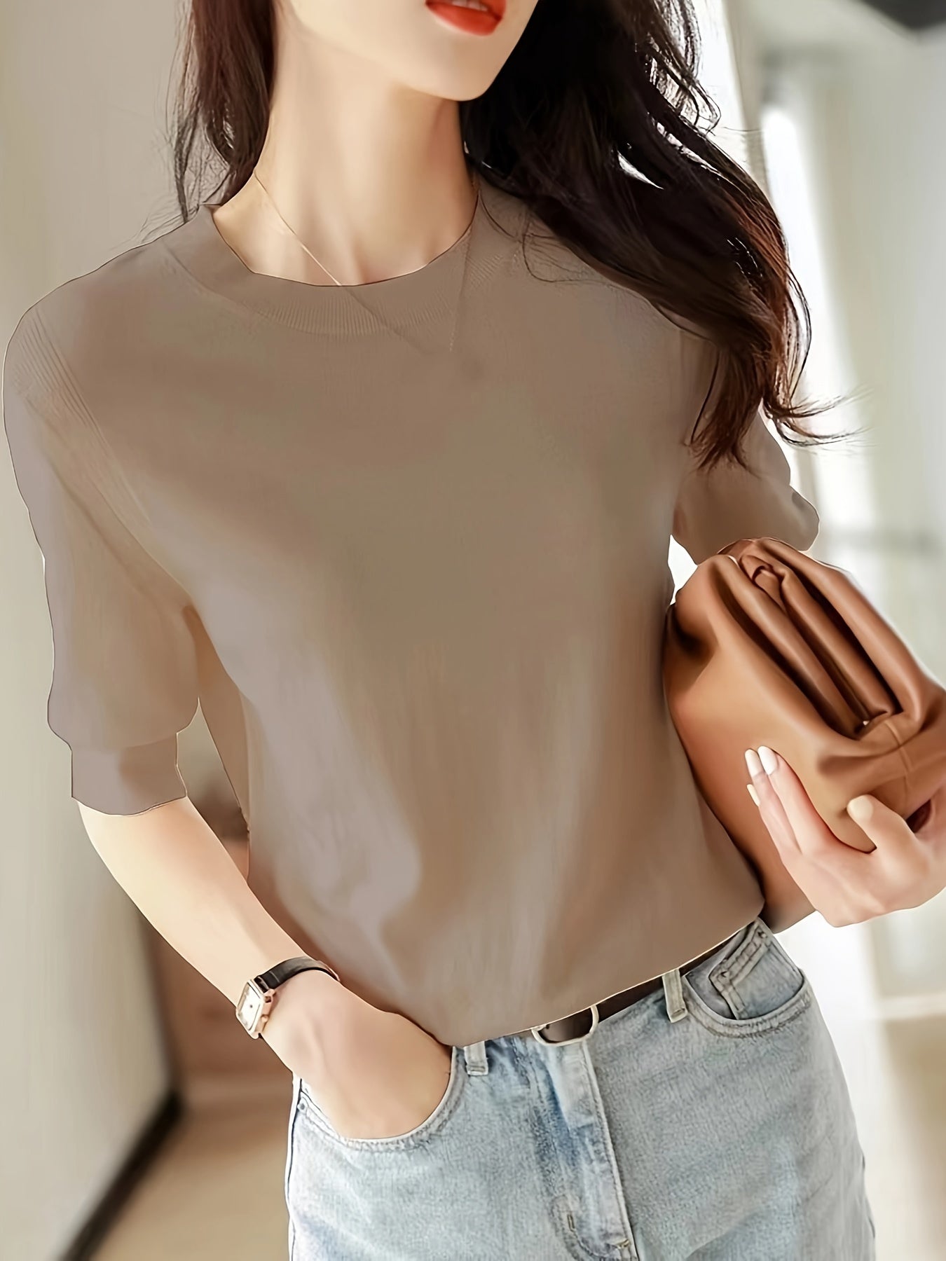 Pullover Short Sleeve Ice Fiber Fabric Soft Comfortable Versatile Simple