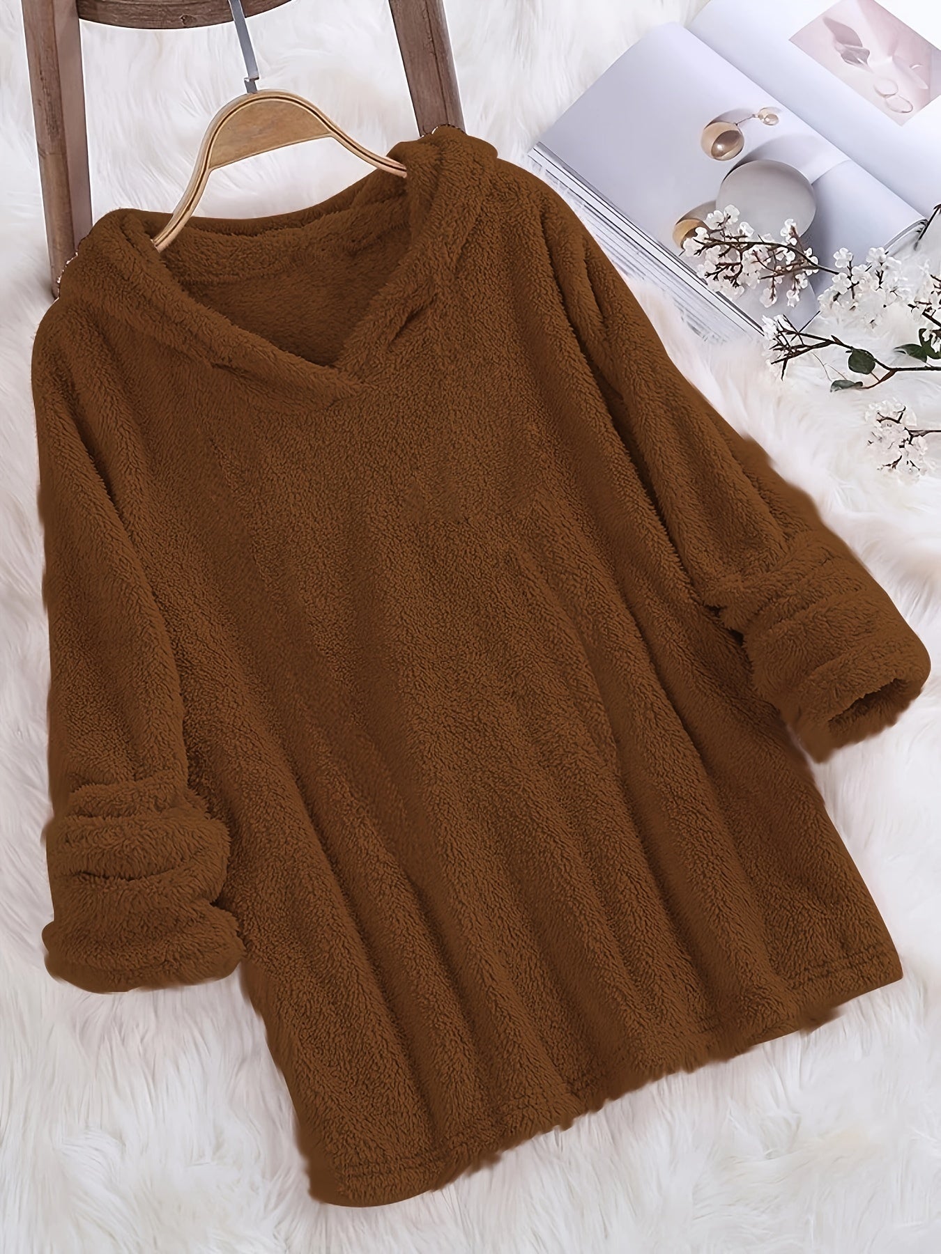 Fashion Women's Standard Size Fuzzy Pullover Solid Color Hoodie
