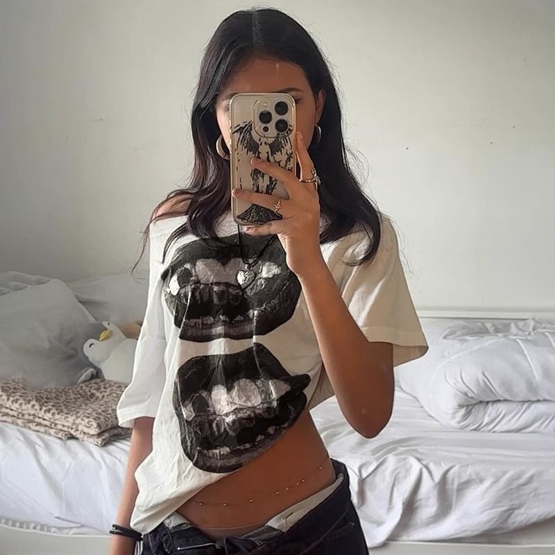 Korean version pullover pure cotton Spice Girl slanted shoulder short sleeve fashion printing loose casual top summer women's wear women's clothing