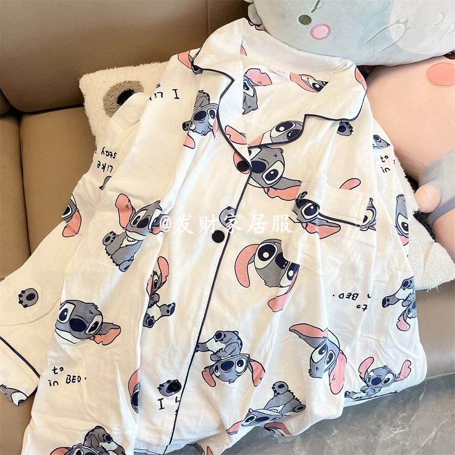 ins style cute Stitch pajamas spring and autumn new long-sleeved trousers loose cardigan homewear set
