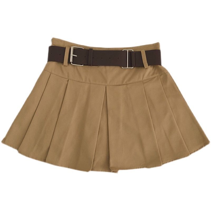 With belt high waist pleated skirt women's spring and summer 2025 new Korean version versatile anti-light khaki skirt