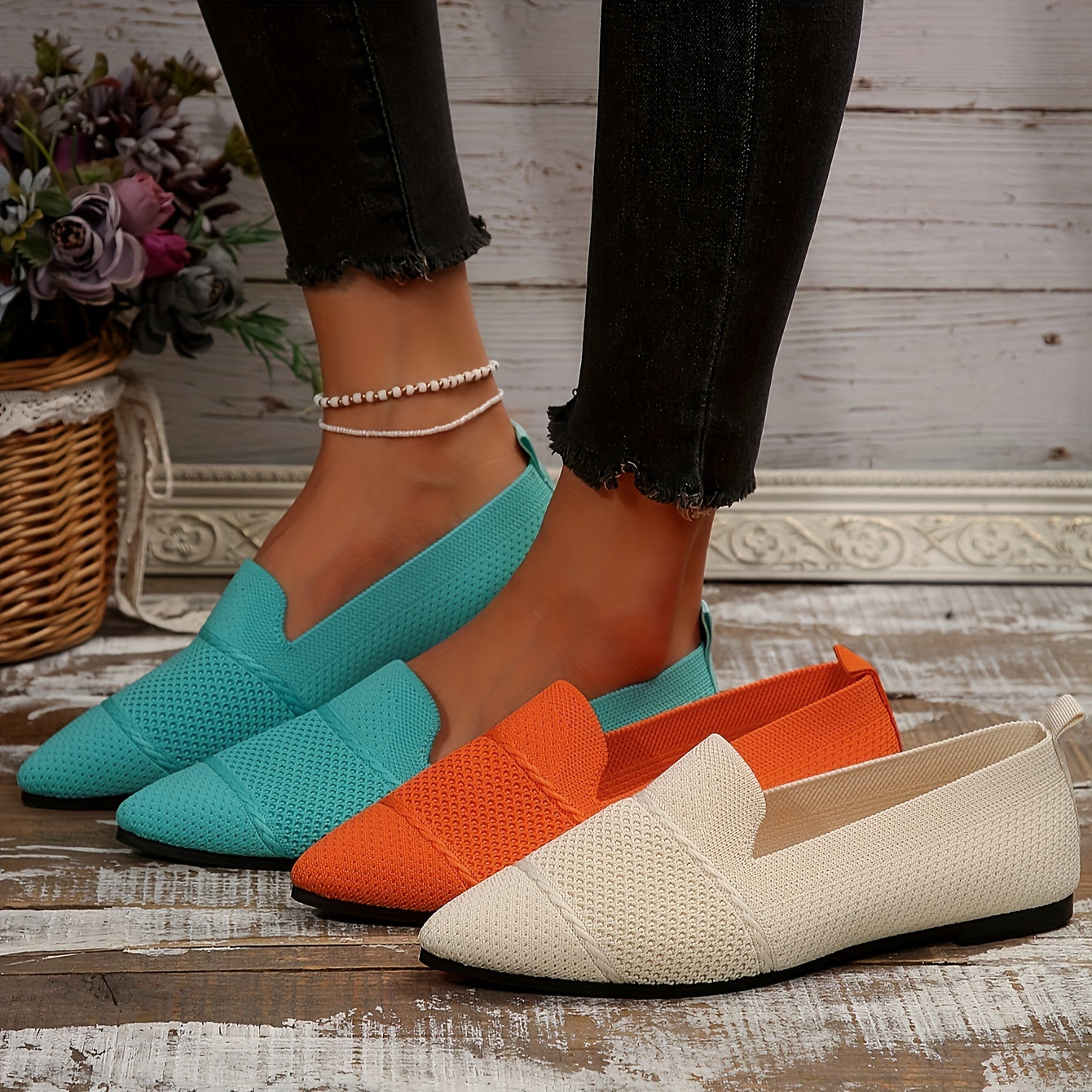 Pink Pointed Knit Flats, Women Shoes