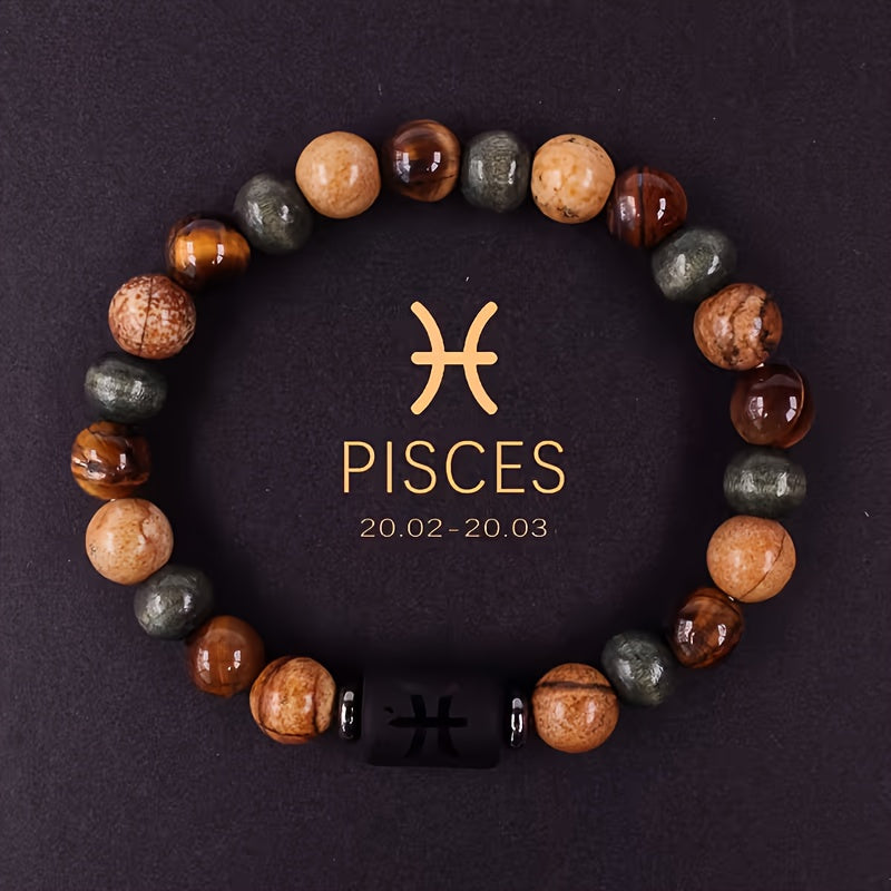 Natural Stone Beaded 12 Constellations Tiger Eye Stone Picture Bracelet, Durable 1pc Birthday Gift Valentines Day Gift