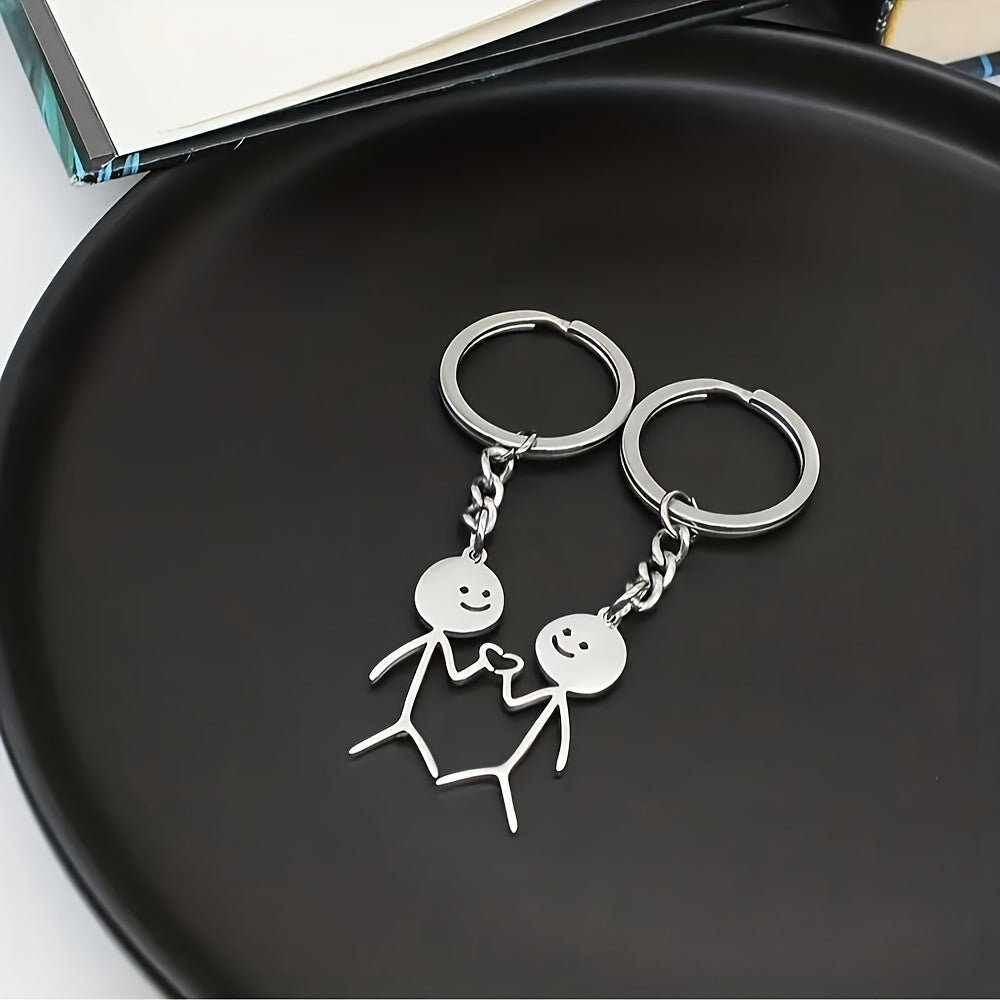 2pcs/set Alloy Stickman Matching Heart Keychain, Cute Ring Purse Bag Backpack Pendant Decoration, Valentines Gift For Him Her