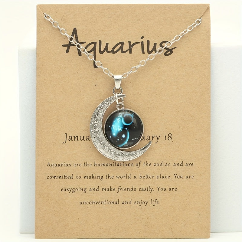 1pc Retro Glow-In-The-Dark Zodiac Moon Pendant Necklace - Vintage Style, Zinc Alloy with Accents, Adjustable Chain for Women - Ideal for Daily Wear & Gifting, Zodiac Jewelry, Gift Jewelry, Vintage Jewelry, Durable Jewelry