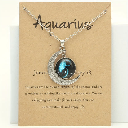 1pc Retro Glow-In-The-Dark Zodiac Moon Pendant Necklace - Vintage Style, Zinc Alloy with Accents, Adjustable Chain for Women - Ideal for Daily Wear & Gifting, Zodiac Jewelry, Gift Jewelry, Vintage Jewelry, Durable Jewelry