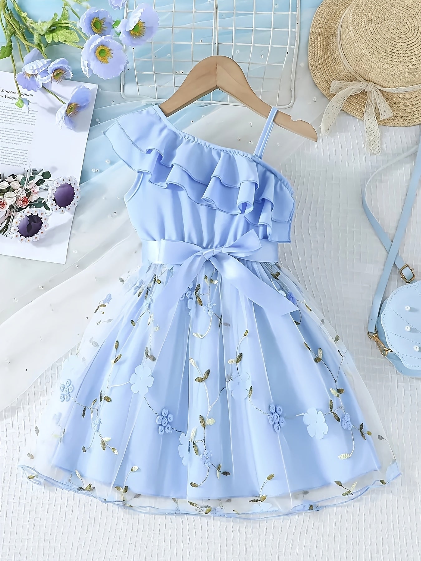 An Elegant Party Outfit Featuring a Ballet Skirt with a Belt, a Floral Embroidered Ruffled Strap Dress, Perfect for Christmas, Valentine'S Day Gifts, Holiday Parties, Gatherings, Evening Events, Weddings, Birthdays, And Everyday Wear