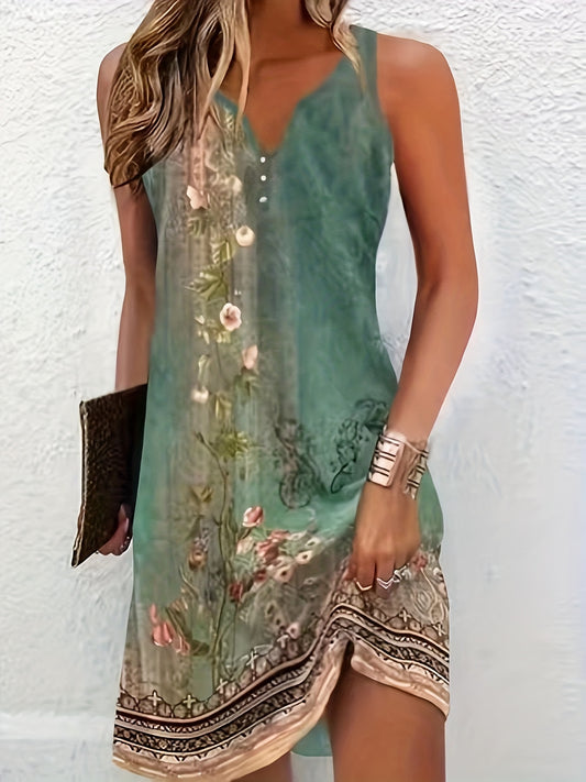 [Elegant Maxi Dress] Elegant Floral Print Women's Maxi Dress | Teal Green & Beige Vneck Design, Form-Fitting Top & Flowy Hem, Machine Washable, Stretchy Fabric, Party/Office/Casual Outfit for Spring/Summer/Fall