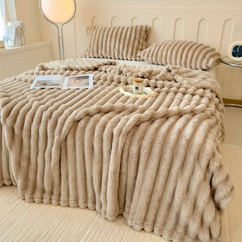 Gdan Rhinoceros Luxurious Faux Rabbit Fur Throw Blanket Suitable for Couch, Bed, Office & Travel - Soft Warm Cozy Striped Blanket, Contemporary Bedspread, Hand Washable, Ideal Christmas Gift & All-Season Use (Multicolor)