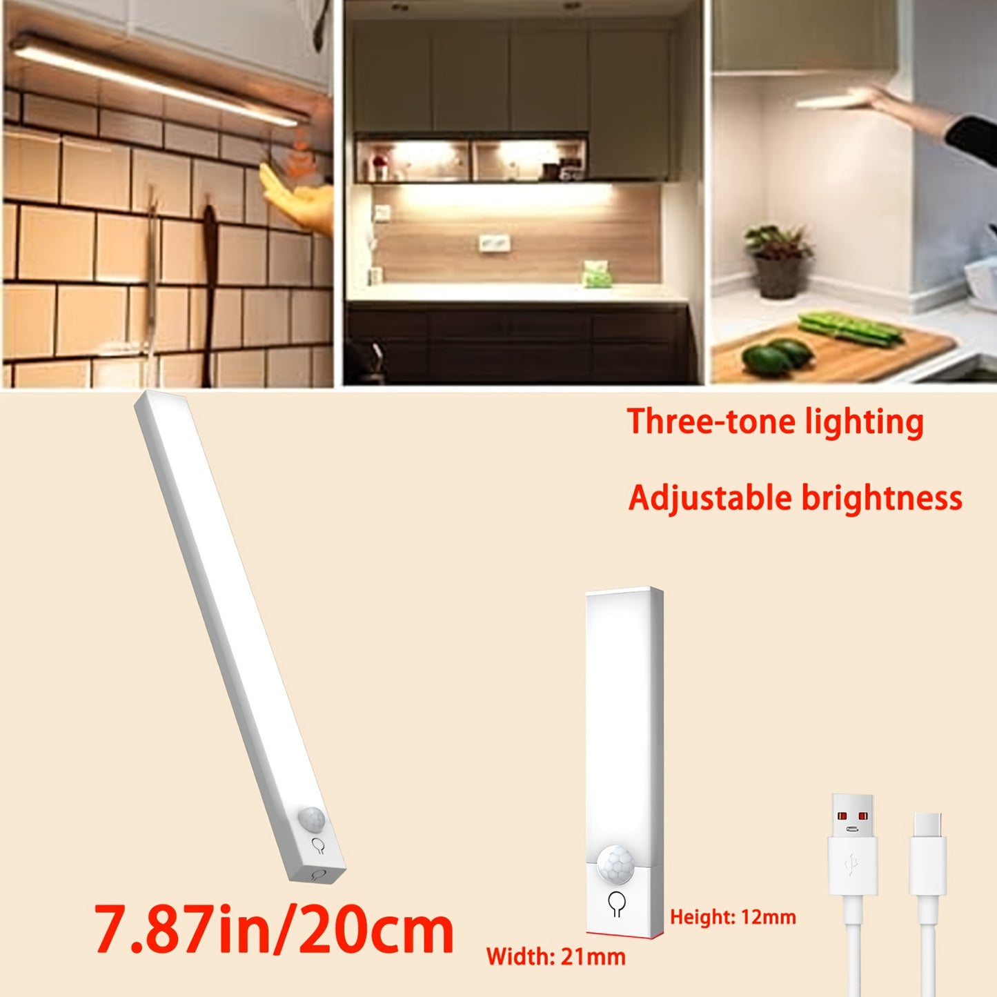 USB Rechargeable LED Motion Sensor Light - Wireless, Three Tone Lighting, Warm/White Night Light for Kitchen, Closet, Hallway and Stairs, Room, Night Lighting, Computer Backlight, USB Gadget, USB Light Cabinet Lights
