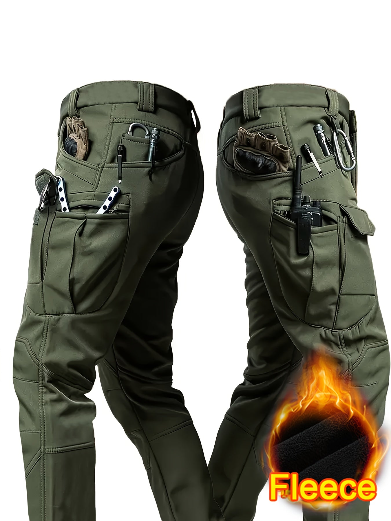 1PC Men's -Lined Thermal Tactical Cargo Pants, Heavyweight Winter Style, Multi-Pocket, High Quality, Windproof and Snowproof, -Lined Micro-Stretch Fabric, Suitable for Outdoor Hiking, Fishing, and Casual Outings, No Belt