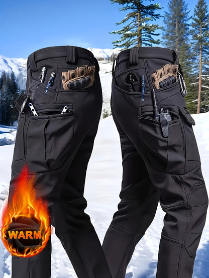 1PC Men's -Lined Thermal Tactical Cargo Pants, Heavyweight Winter Style, Multi-Pocket, High Quality, Windproof and Snowproof, -Lined Micro-Stretch Fabric, Suitable for Outdoor Hiking, Fishing, and Casual Outings, No Belt