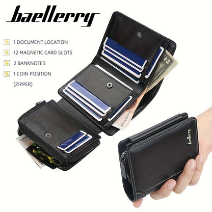 [Tri-Fold Wallet] Men's Wallet | 13 Card Slots | Faux Leather | Tri-Fold Buckle, Zipper Coin Purse | Short Vintage Style