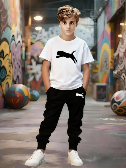 Spring/Summer New Boys' Short Sleeve + Thin Pants Set, Unique Geometric Pattern Design, Versatile Sportswear Set, Stylish and Comfortable, Slightly Stretchy Fabric, Regular Fit, Suitable for Outdoor Use, Perfect for Outdoor