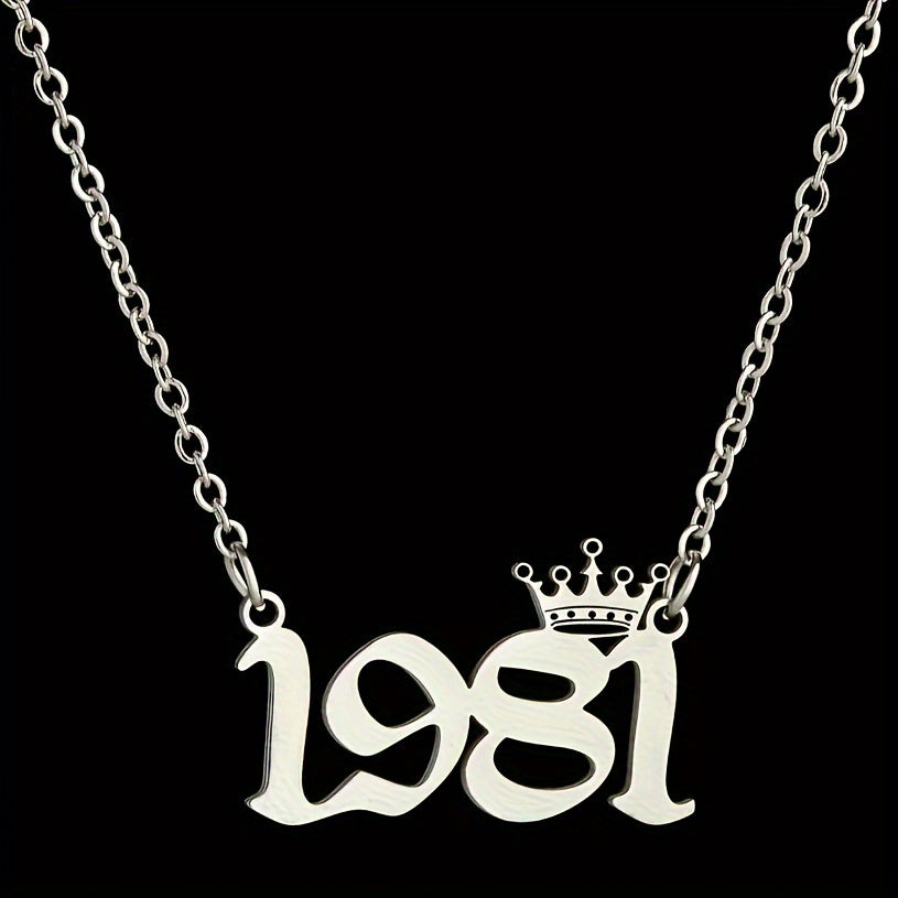 1 Elegant and Stylish Stainless Steel Polished Year Number Necklace, Unique Date Birthday Crown Pendant Necklace Gift for 1980-2024, Versatile Casual Attire Collarbone Chain Holiday Present