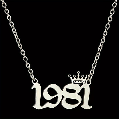 1 Elegant and Stylish Stainless Steel Polished Year Number Necklace, Unique Date Birthday Crown Pendant Necklace Gift for 1980-2024, Versatile Casual Attire Collarbone Chain Holiday Present