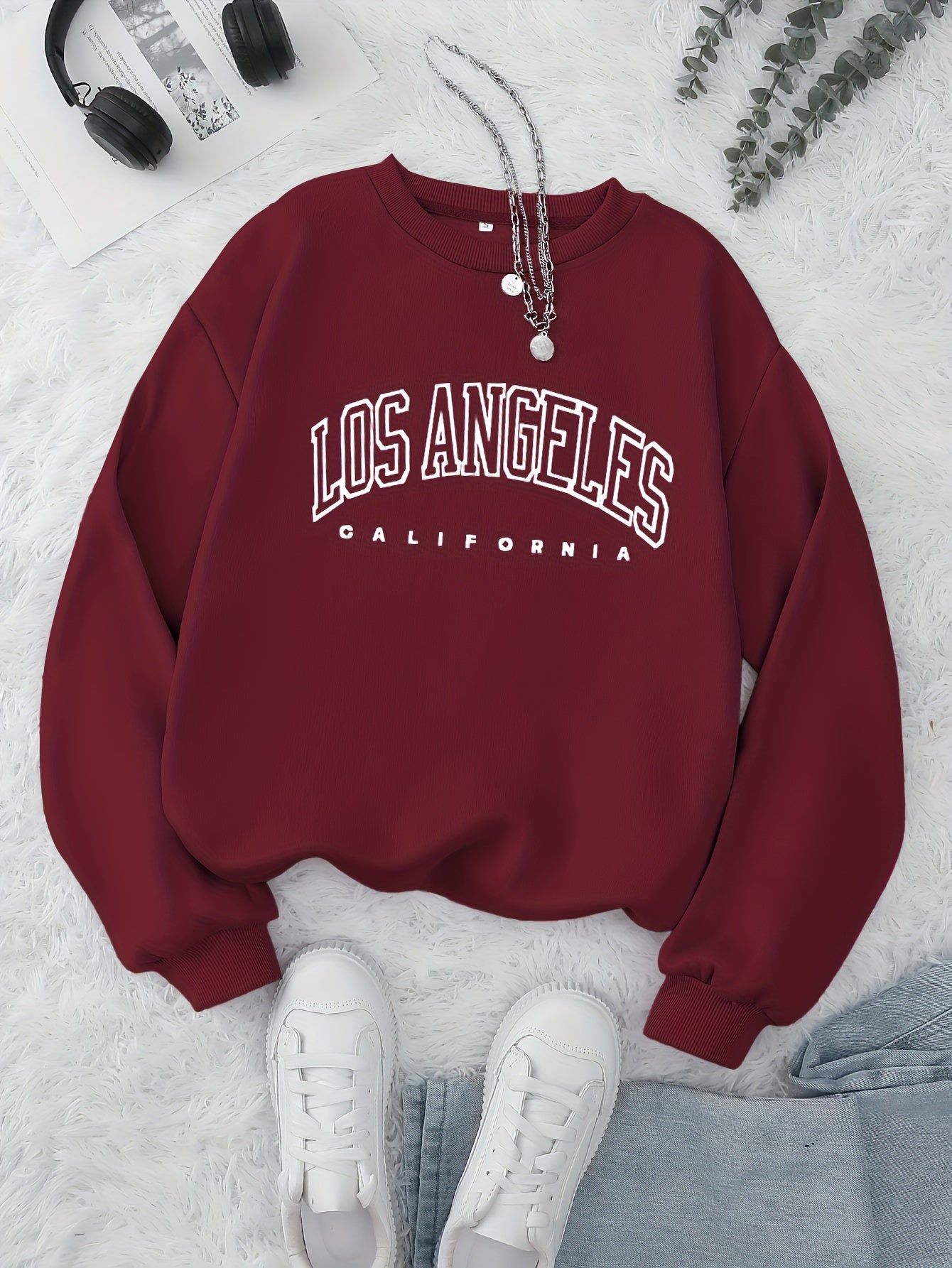 Los Angeles Print Preppy Sweatshirt, Long Sleeve Crew Neck Casual Sweatshirt For Winter & Fall, Women's Clothing