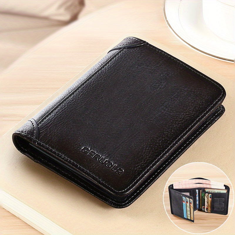 [RFID Wallet] A Men's Genuine Leather RFID Blocking Wallet - Ultra-Thin Foldable Design, Featuring 2 ID Card Slots, Large Capacity for Cash And Cards, Gold-Tone Hardware, And Anti-Theft Design