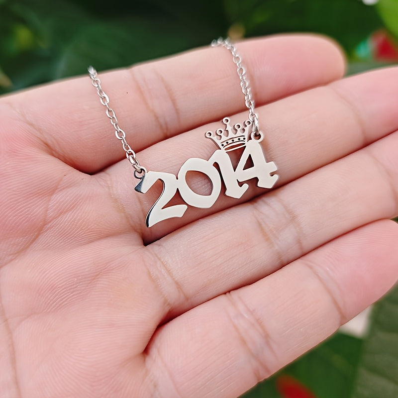 1 Elegant and Stylish Stainless Steel Polished Year Number Necklace, Unique Date Birthday Crown Pendant Necklace Gift for 1980-2024, Versatile Casual Attire Collarbone Chain Holiday Present