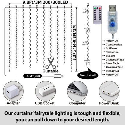 1pack 100/200/300LED Curtain Lights for Bedroom | 3.3/6.5/9.8 X 9.8ft Warm Fairy Lights, 8 Modes with Remote, USB Powered, IP65, Includes Hooks, Copper Wire, Multi-Color Twinkle Lights for Wedding, Christmas, Party