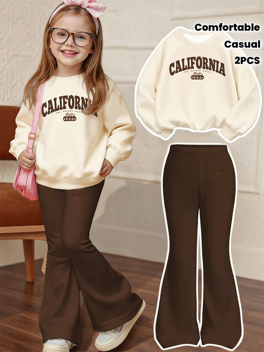 California Letter Print Casual Set, Including a Loose-fit Sweatshirt and Flared Pants, a 2pcs Set Suitable for Children Aged 4-13, Comfortable Autumn and Winter Clothing for Daily Wear and Casual Play. Suitable for Daily and Party Outfits, a 2pcs Set