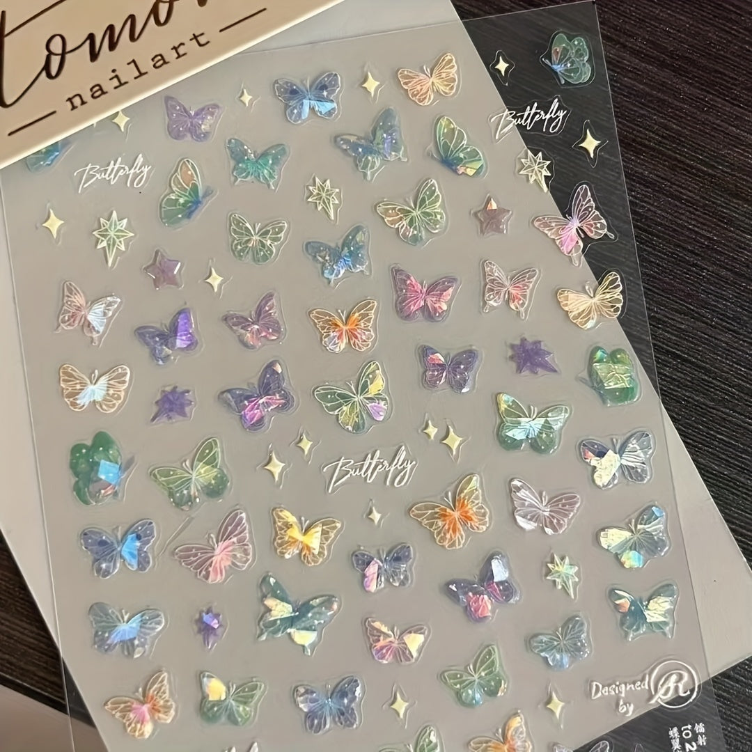 Iridescent Butterfly Nail Sticker, 1pc Glittering Decal For Nails, Self-Adhesive, One-Time Use, Animal Pattern