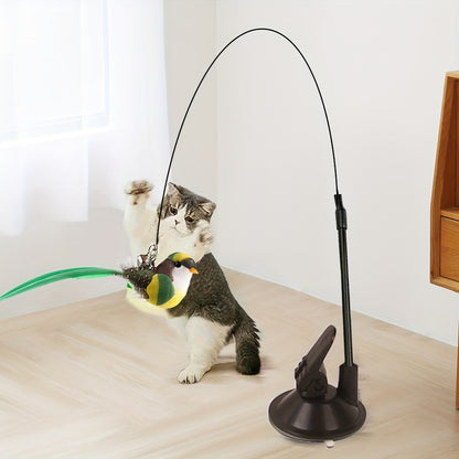 1pc Strong Suction Cup Cat Teaser Wand with Bell and Detachable Artificial Feather Bird Design, Suitable for Indoor Pet Cats Play