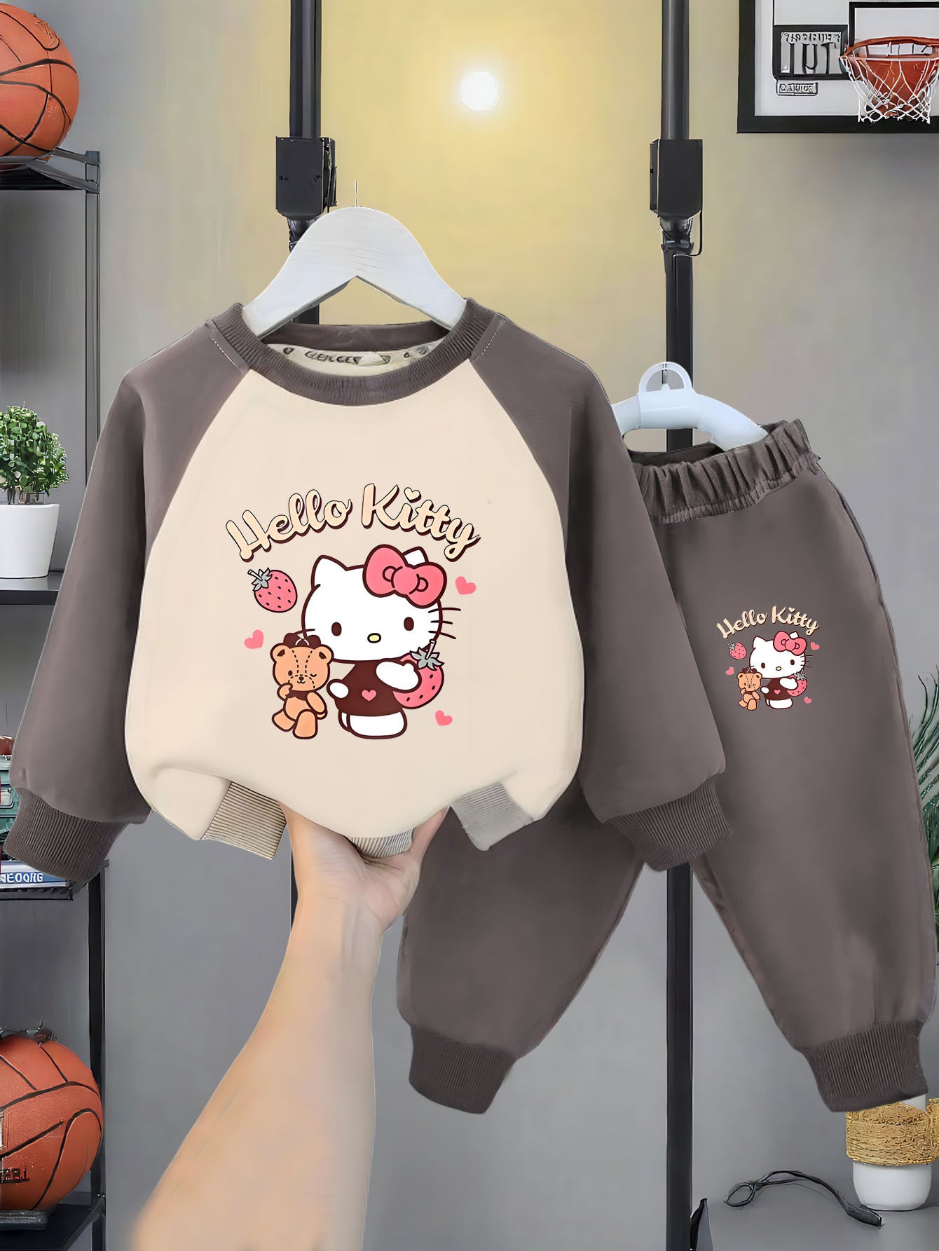 Hello Kitty Print Girls' Fashion Set, Little Girl Spliced Long-Sleeve Round Neck Crewnecksweatshirt and Joggers Two-Piece Outfit with Adorable Cat Design for Toddlers & Kids, Sanrio Spring/Fall Perfect for Outdoor