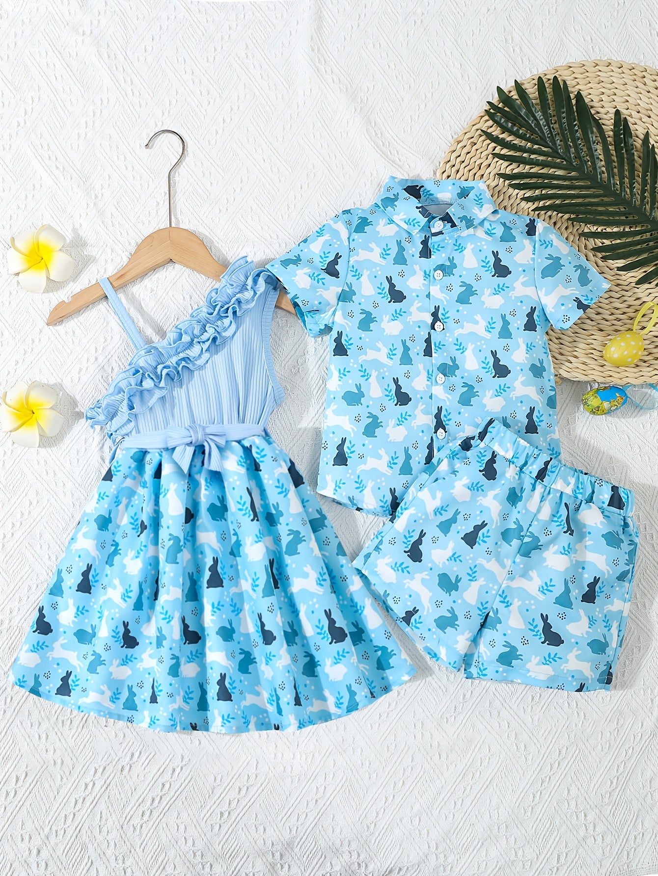 Single Cute Easter Bunny Print Short Sleeve Shirt and Shorts Set | Casual Non-Stretch Fabric, Regular Fit, Ideal for Outdoor Activities