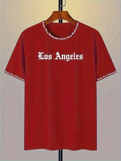 Men'S Los Angeles Letter Print T-Shirt - Red Casual Short Sleeve Round Neck Tee with LA Lettering, 100% Polyester, Machine Washable, Perfect For Casual Outings & Holidays, Holiday Apparel | Casual Style | Durable Fabric, Los Angeles T Shirt