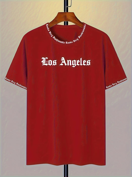 Men'S Los Angeles Letter Print T-Shirt - Red Casual Short Sleeve Round Neck Tee with LA Lettering, 100% Polyester, Machine Washable, Perfect For Casual Outings & Holidays, Holiday Apparel | Casual Style | Durable Fabric, Los Angeles T Shirt