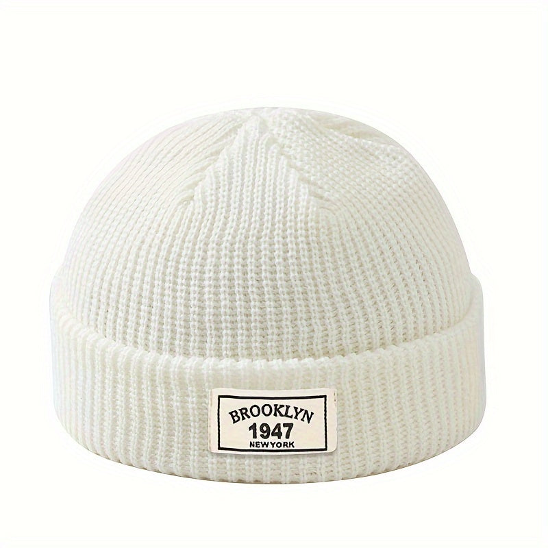 MAKEFGE Men's Fashion Knitted Beanie - Warm, Elastic Acrylic Winter Hat with Letter Patch, Ideal for Active Leisure, Holiday Gifts and Valentine's Day