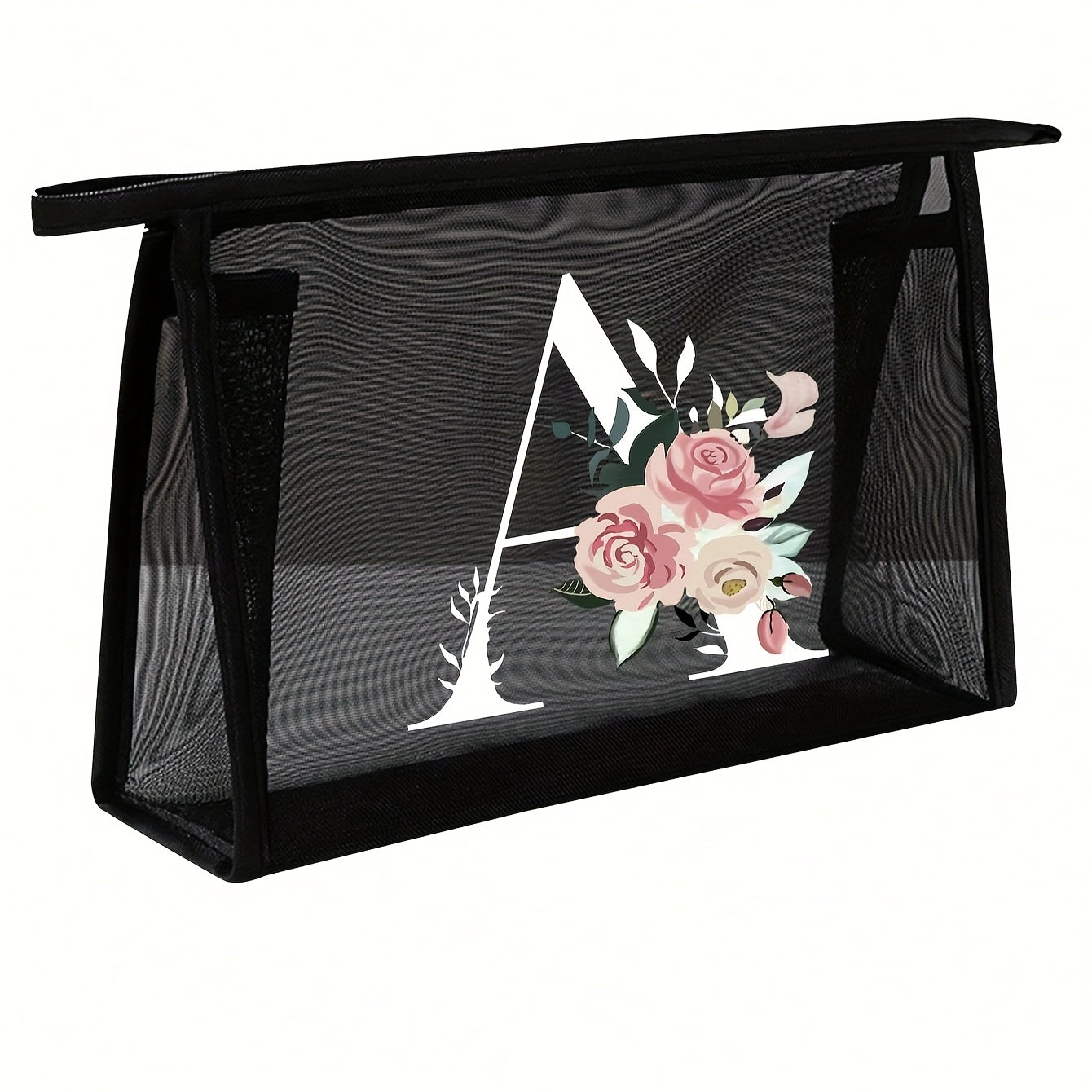1pc Black Mesh Toiletries Storage Bag | Large Capacity Pink Flowers With White Letters A-Z, Transparent Mesh, Multi-Functional Travel Portable Bag, Lipstick Skin Care Storage, Easy And High-End, Jewelry Storage, Foldable And Lightweight