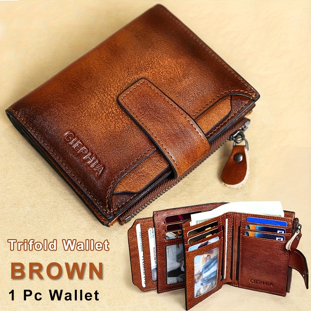 CIEPHIA Men's Vintage RFID Blocking Wallet - Genuine Leather -Theft Billfold with Zipper Coin Pocket, 14 Card Holder, 2 ID Window & SD/ SIM, 2 Driver ID Holder - Leather for Christmas Valentine's/Father's Day Gift for Men Set Includes a Greeting Card