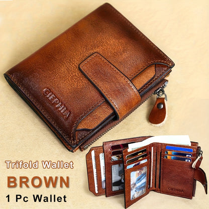 CIEPHIA Men's Vintage RFID Blocking Wallet - Genuine Leather -Theft Billfold with Zipper Coin Pocket, 14 Card Holder, 2 ID Window & SD/ SIM, 2 Driver ID Holder - Leather for Christmas Valentine's/Father's Day Gift for Men Set Includes a Greeting Card