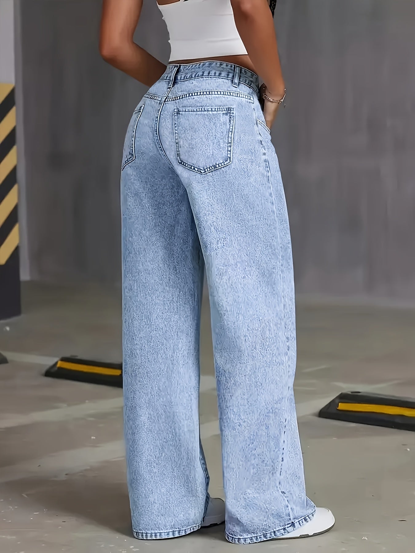 Women's 2026 New Stretch/Denim/Loose Wide Leg Straight Jeans/Acid Wash Light Blue/Tummy Control Casual Pants with Pockets/High Waisted Comfort Solid Color Pantalones/Elegant Ladies' Clothing/Fit for Travel, Work and Office Wear