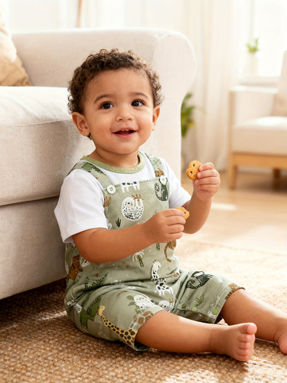 [2pcs Cartoon Romper] Two-piece Faux Bodysuit, Infant's Cartoon Zoo Animal Print Casual Short Sleeve Romper | Baby Boy's Outdoor Clothing