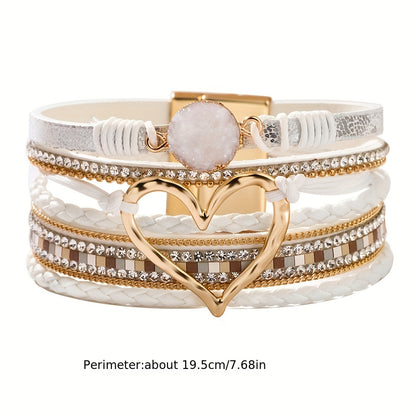 Bohemian Multi-Layer Imitate Faux Leather Bracelet Hand-Woven Bracelet Golden Big Heart Ladies Fashion Bracelet