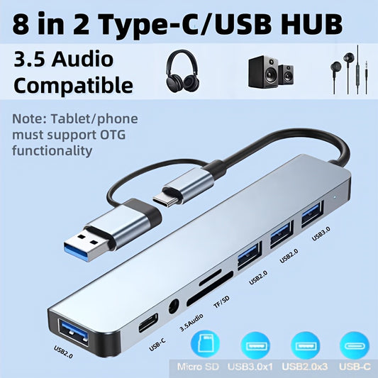 [Multi-Function Docking Station] 8-in-1 Hub, USB & Type-C Ports, Multi-Function Docking Station with USB 3.0 + USB-C + SD/TF + 3.5mm Audio, Supports Smooth Multi-Port Collaboration for Video and Audio Output on Phones, Tablets, and Computers