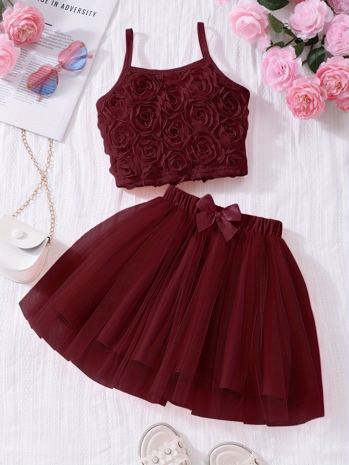 ' Stylish Floral Top with Straps And a Tulle Skirt Two-Piece Set for Spring And Summer