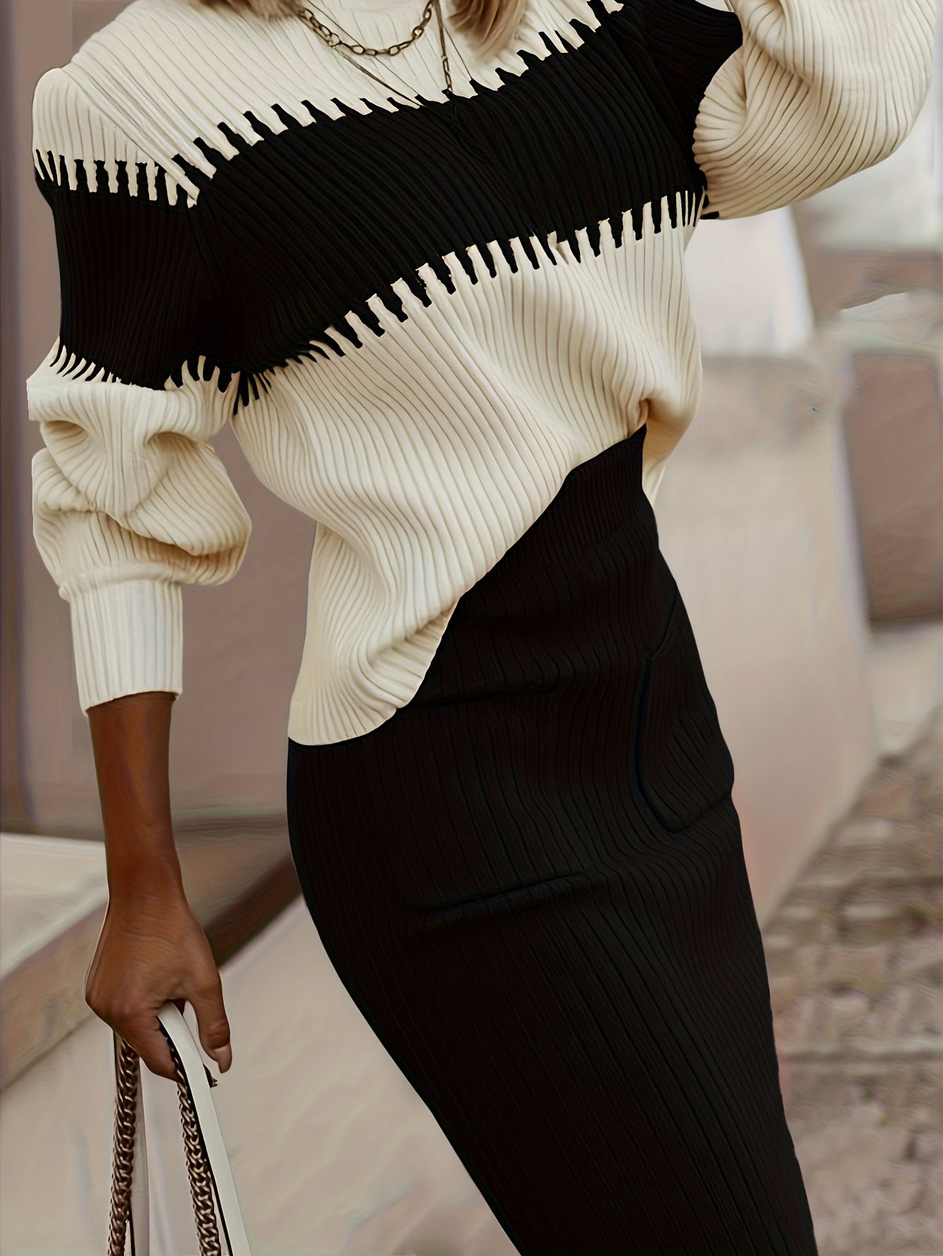 High Neck Pullover Skirt Split Two-Piece Color Block Contrast Thick Long Sleeve Sweater Set, Winter Wardrobe, Elegant Style, Color Block Design, Thick Fabric, Pullover Top, Long Sleeve Skirt, Women'S Fashion, Office Wear